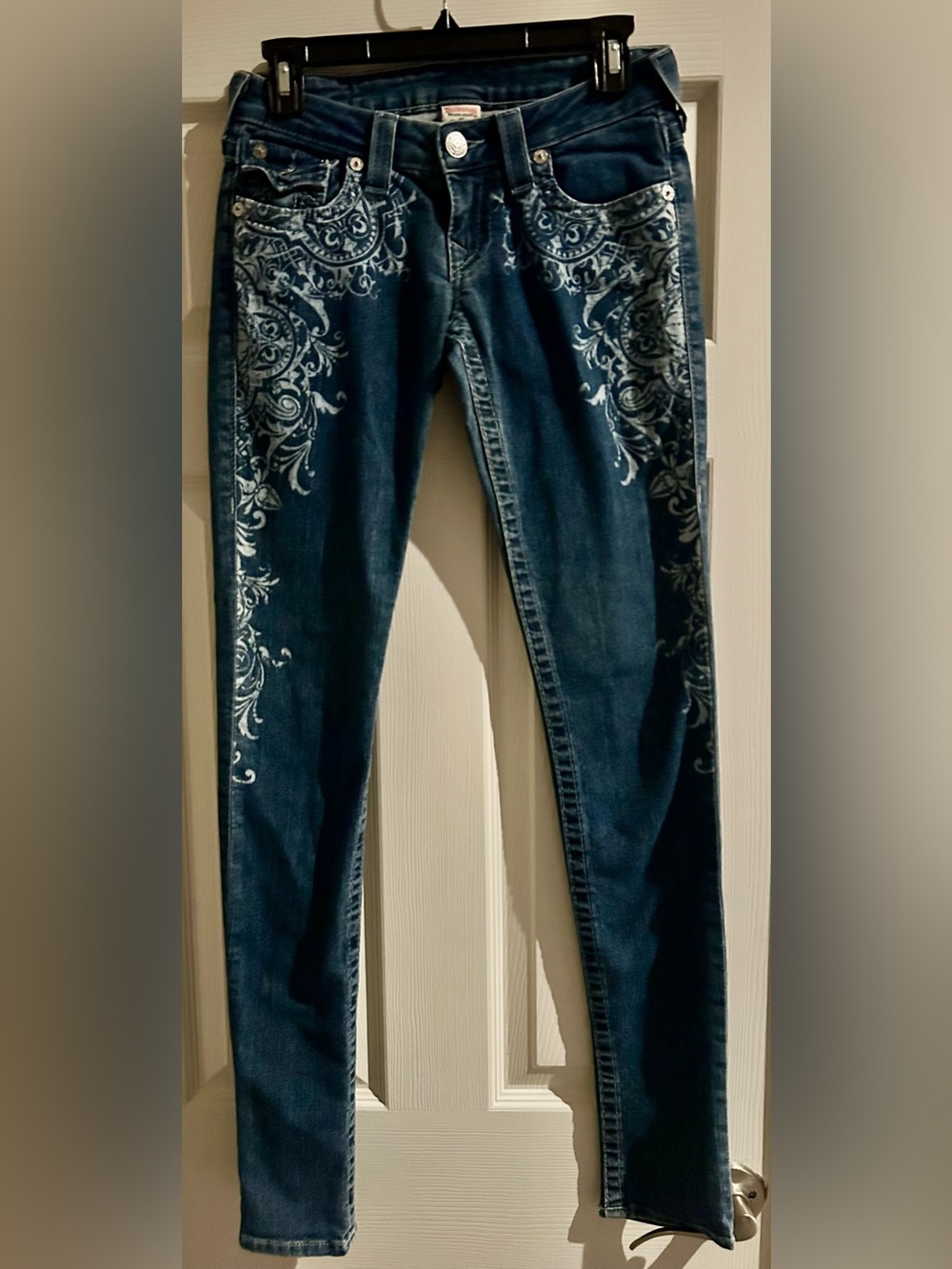 True Religion Skinny Jeans 25 Blue Paisley Graphic Print Low Rise Made in USA